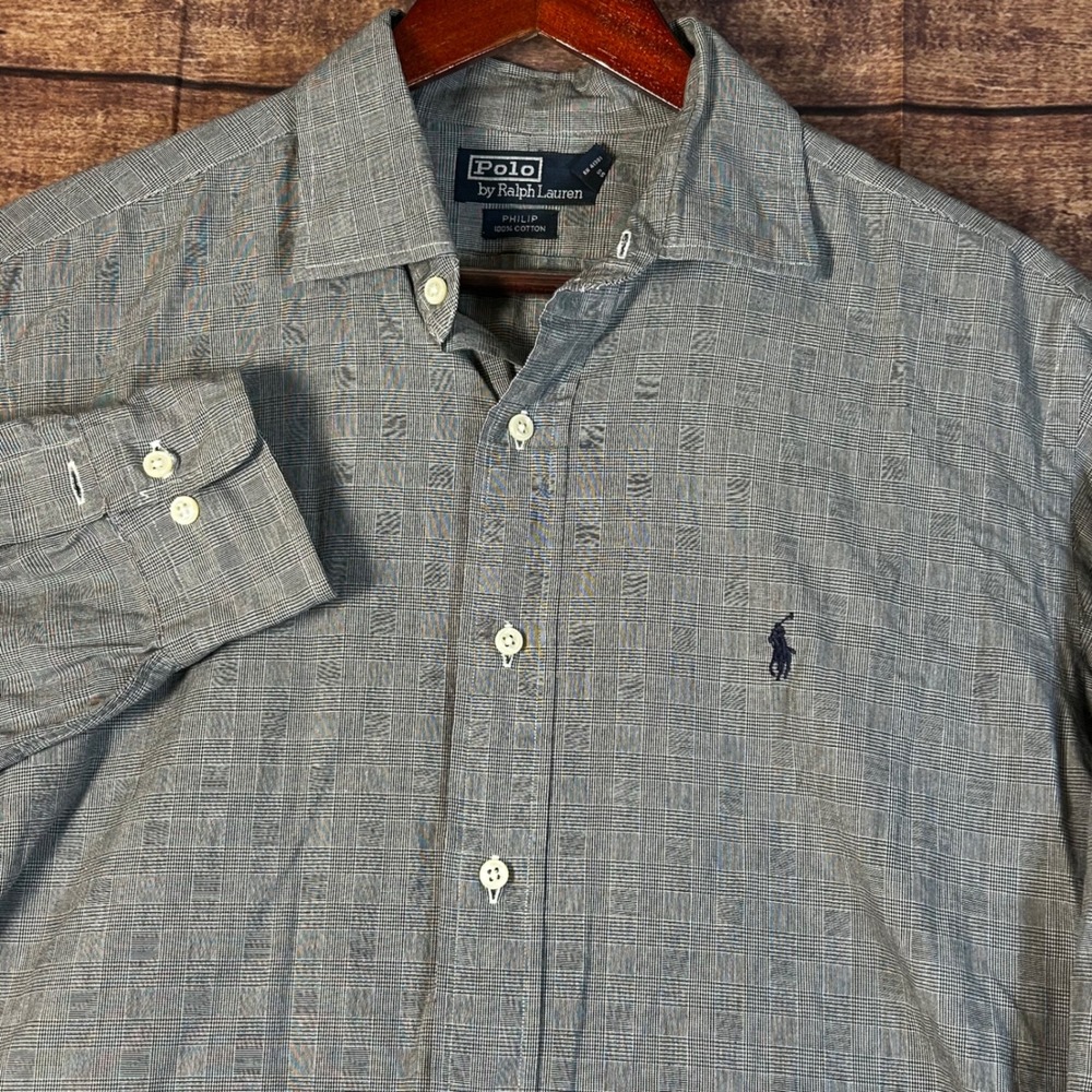 Polo Ralph Lauren Philip Mens Grey Glen Plaid Cotton Shirt 16.5 34/35 Navy Pony